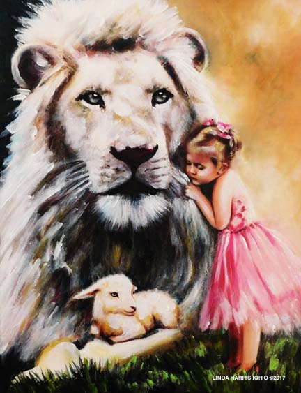 Picture of little girl hugging a lion who has a lamb by his feet